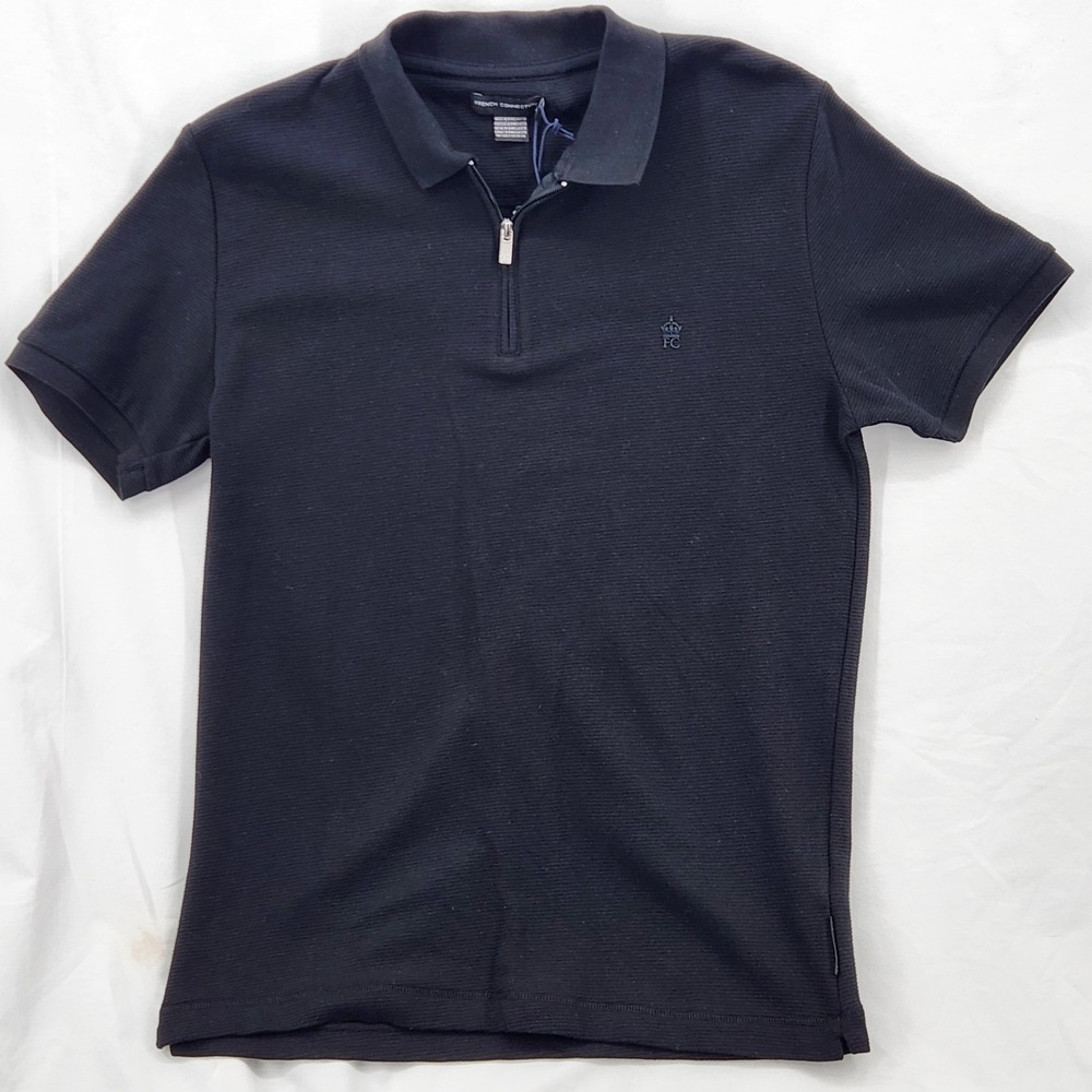 French‎ Connection Mens M Quarter Zip Polo Shirt Black Ribbed Cotton 56ZMN